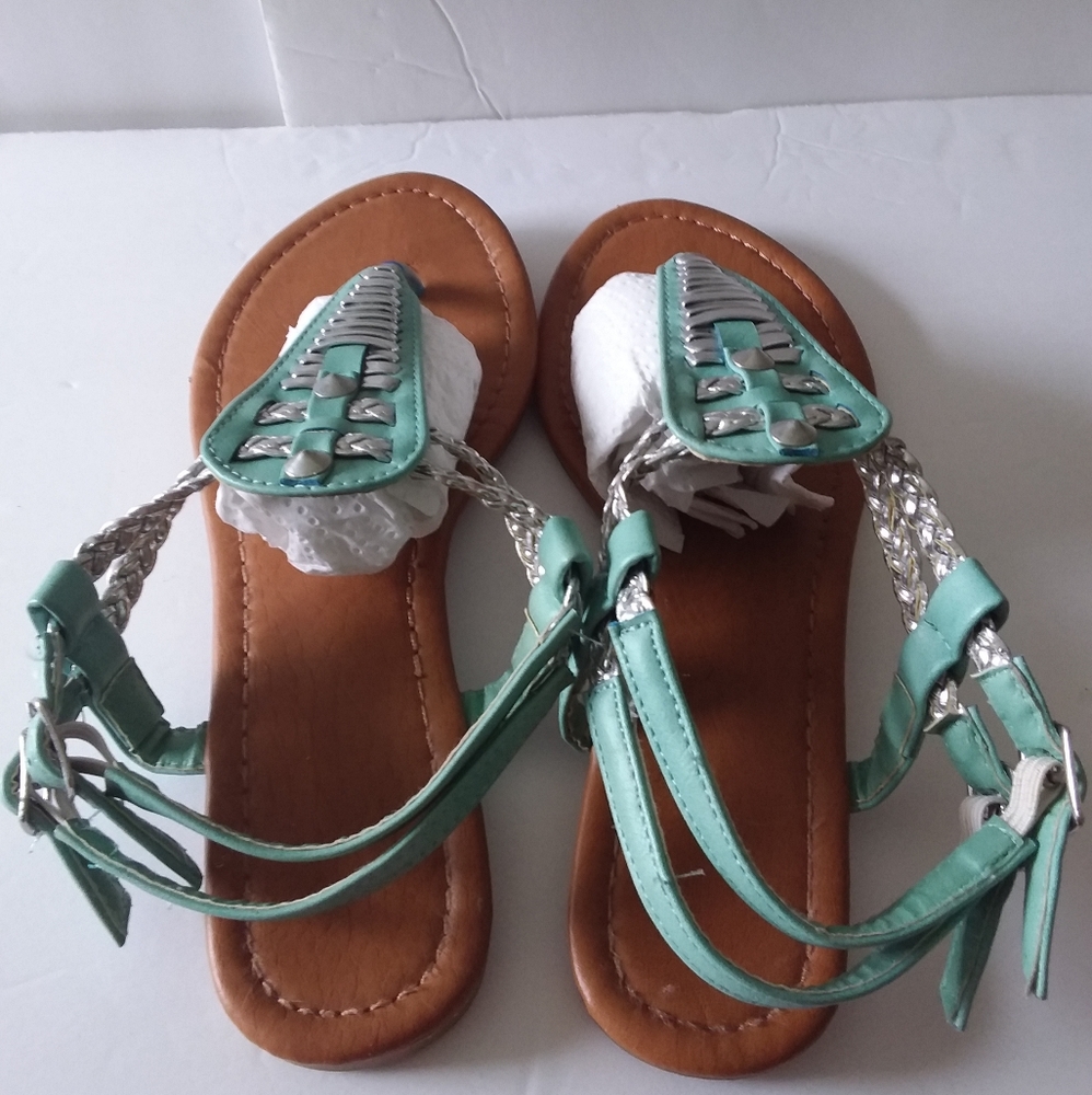 Aqua,Silver Slingback Sandals,Braided Double Silver/Aqua Straps/Buckles - Picture 6 of 10